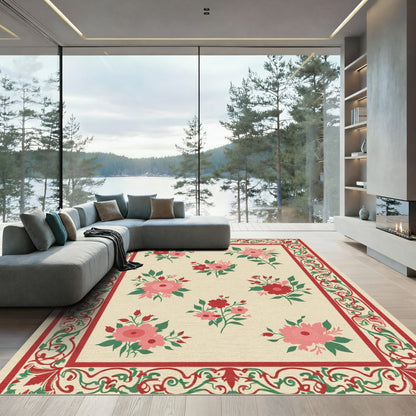 Crimson Floral Border with Pink and Red Blooms Rug