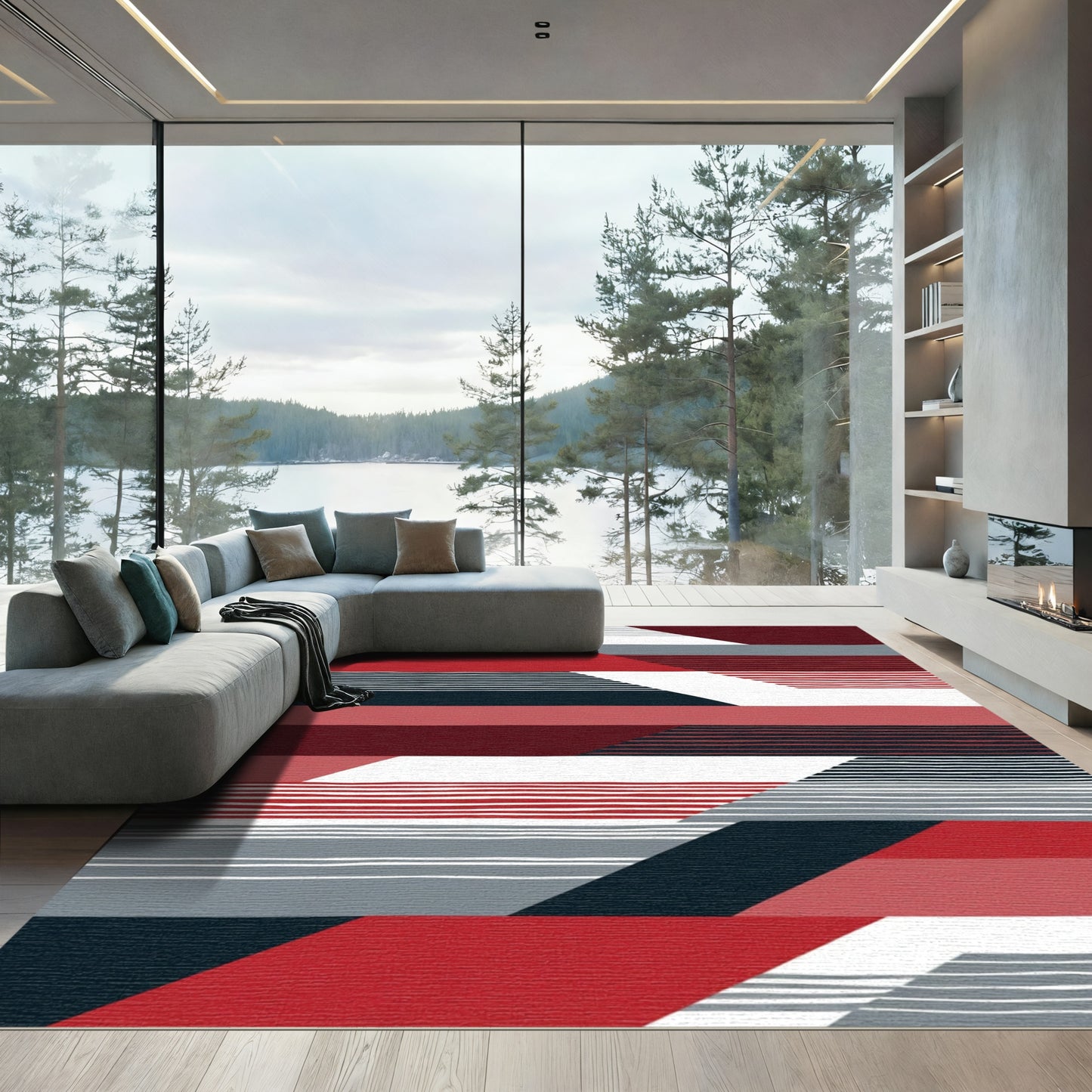 Bold Red Geometric Stripe Abstract Rug
