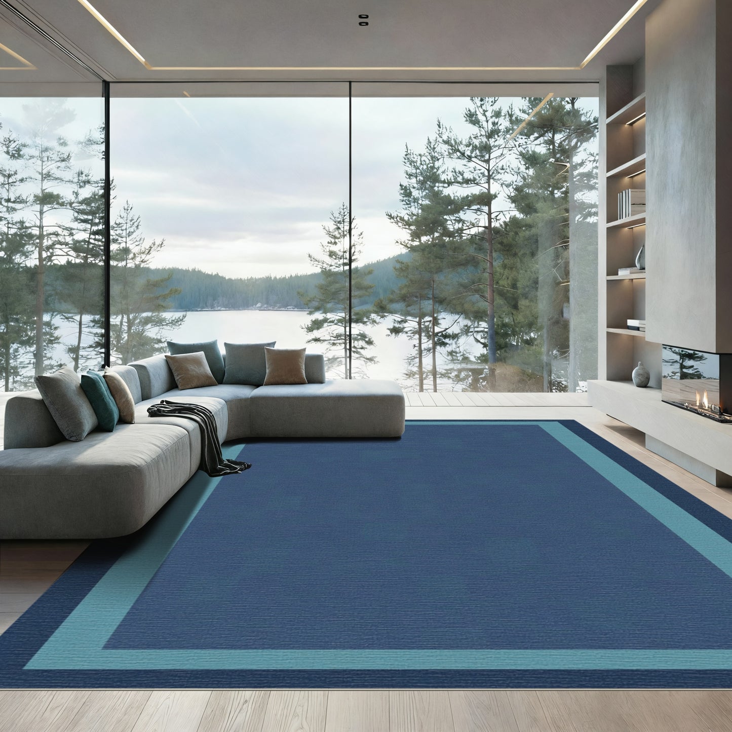 Deep Blue Border Geometric Rug