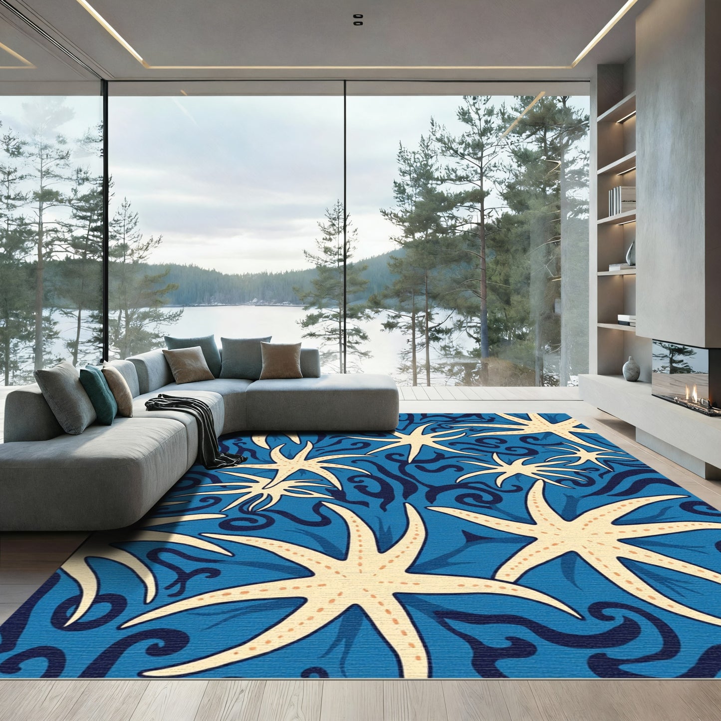 Cream Starfish Underwater Swirls Rug