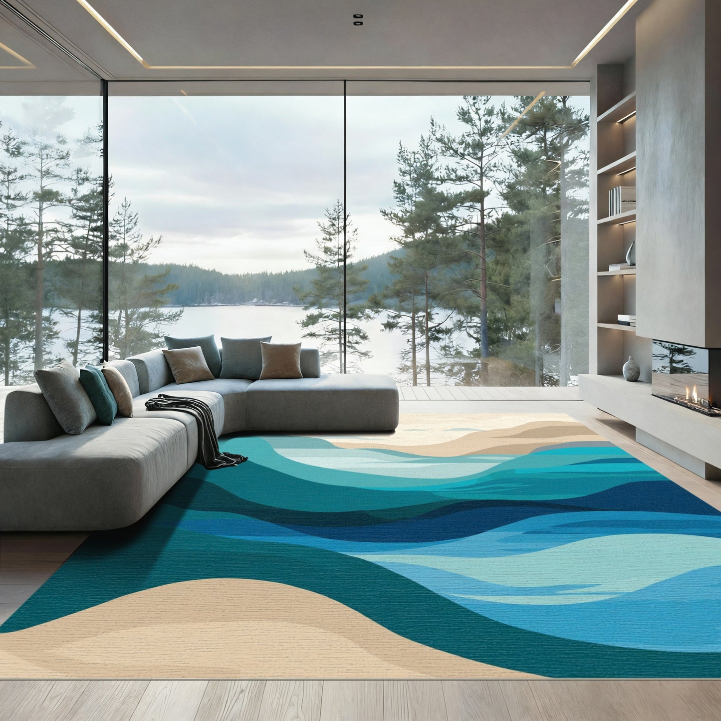 Abstract Blue Teal Landscape Waves Rug
