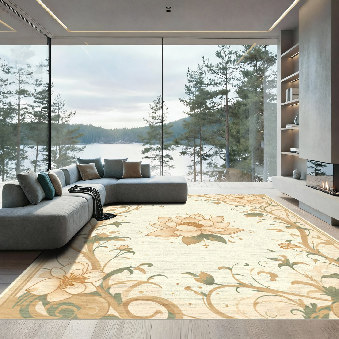 Soft Beige Floral Vine Accents Rug