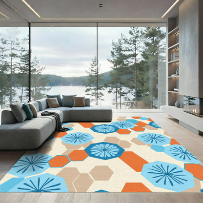 Retro Blue Orange Geometric Hexagon Rug