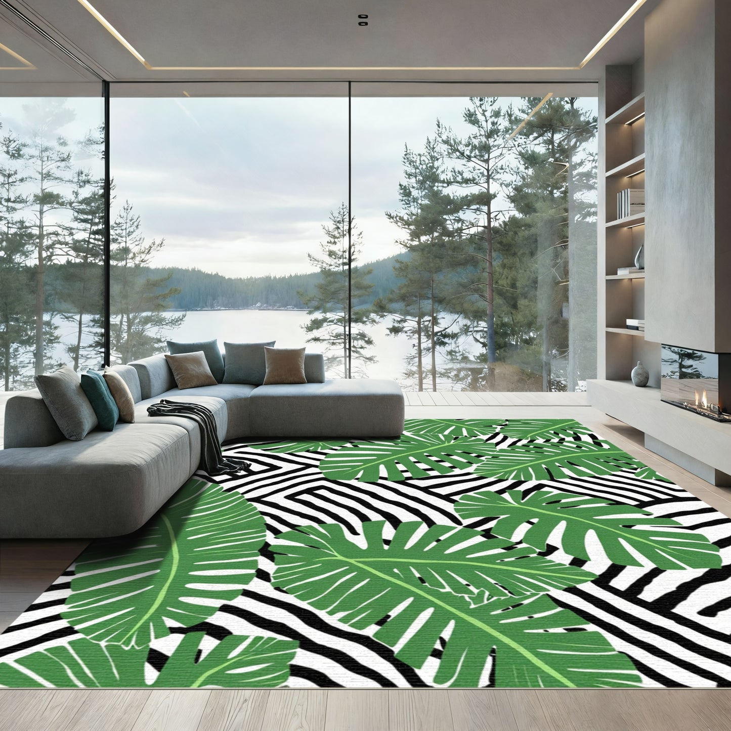 Tropical Green Monstera Leaves Zebra Stripe Rug