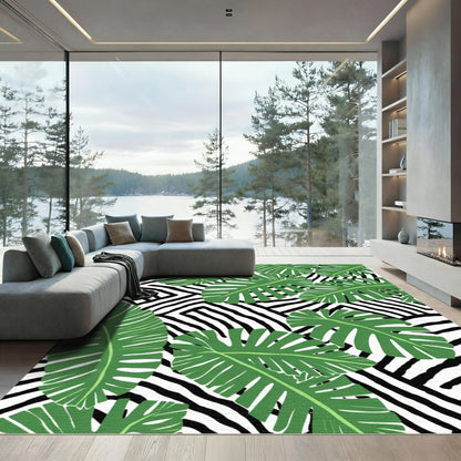 Tropical Green Monstera Leaves Zebra Stripe Rug