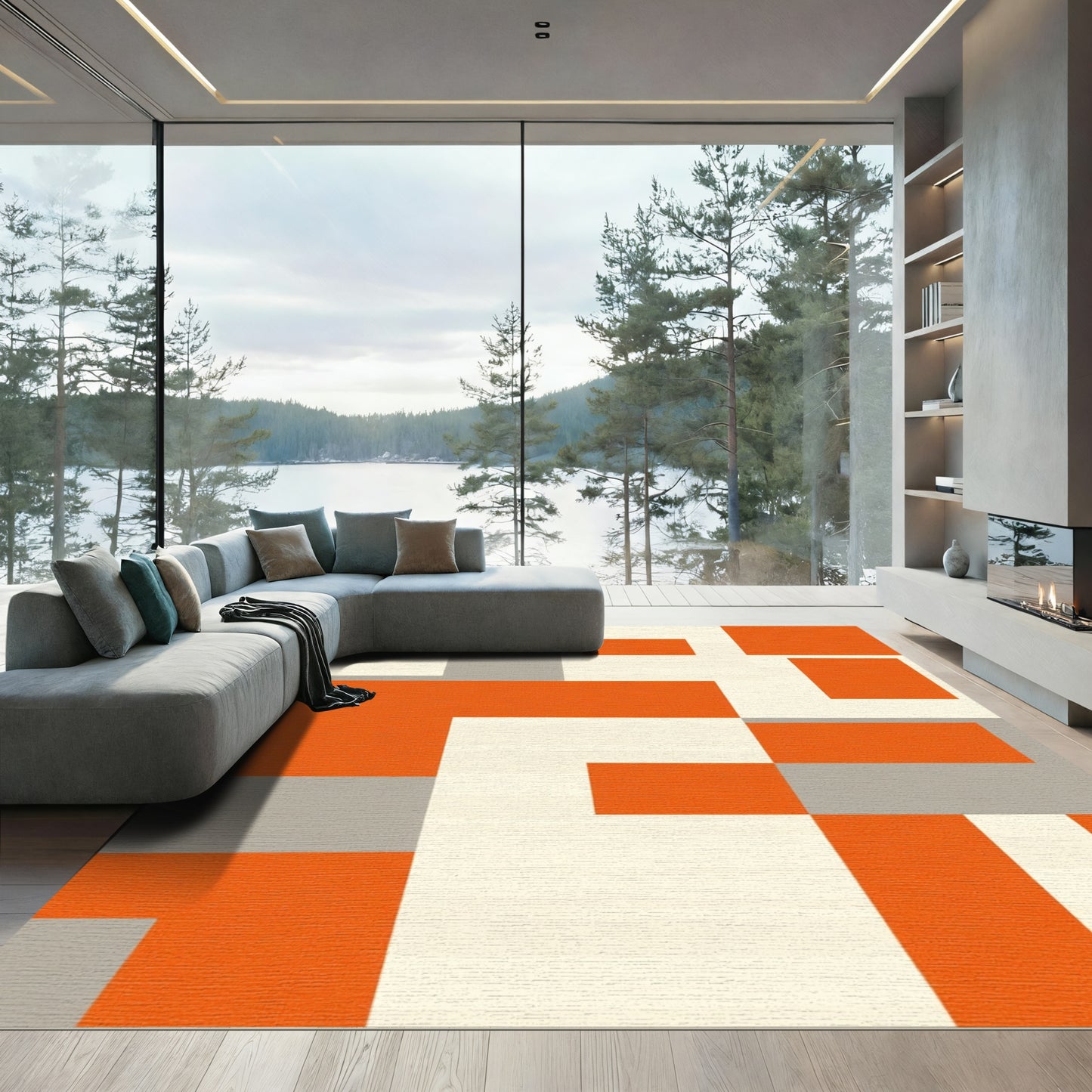 Bold Orange Gray Geometric Blocks Rug
