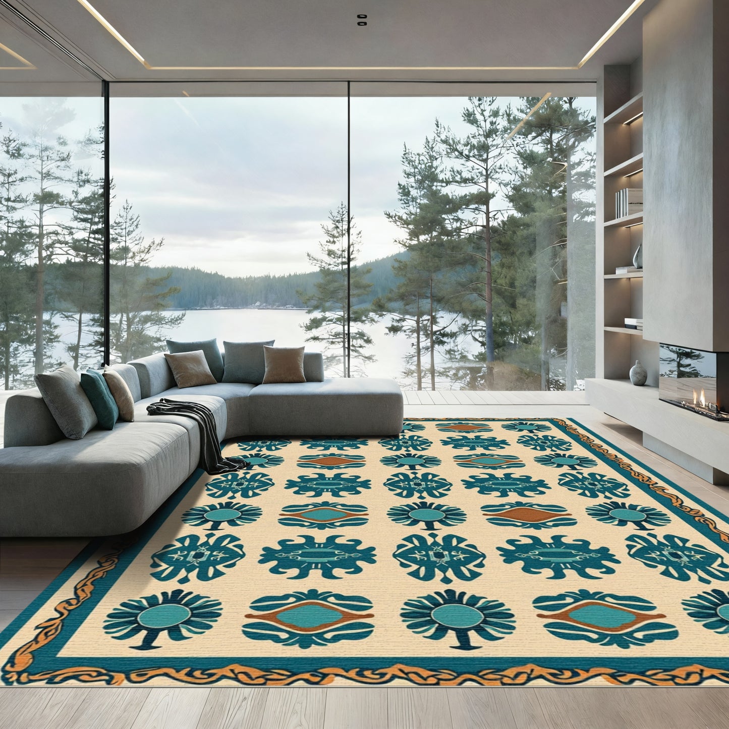 Teal Ceramic Floral Geometric Border Rug