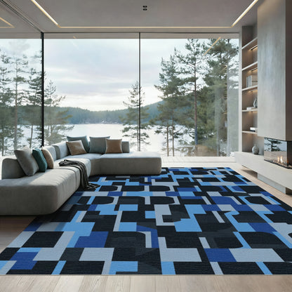 Mid-Century Modern Blue Geometric Abstraction Rug