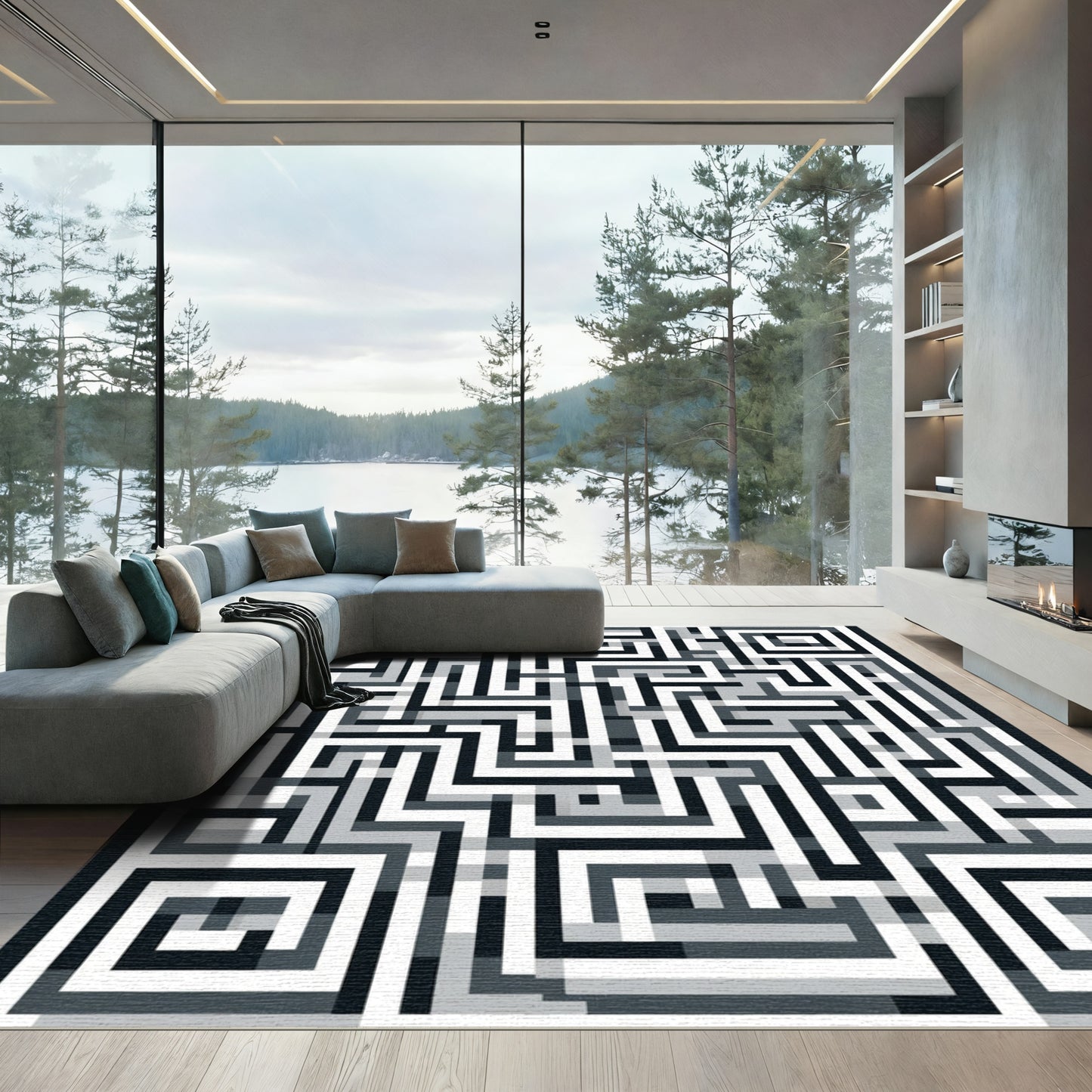 Monochrome Geometric Maze Rug