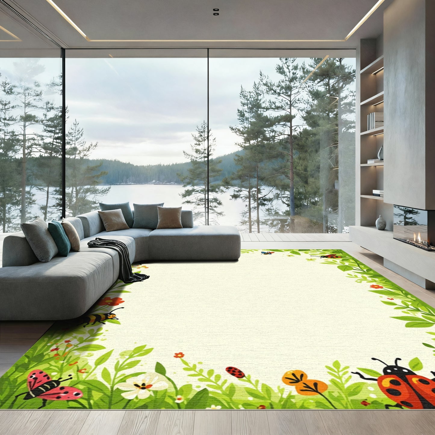 Whimsical Green Garden Bugs and Blooms Rug