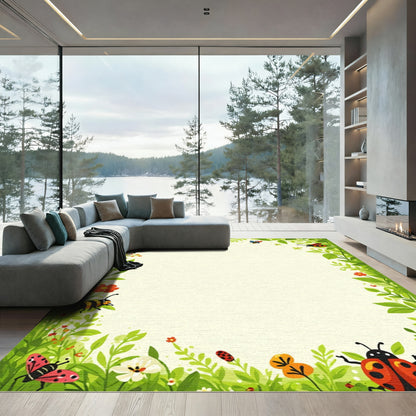 Whimsical Green Garden Bugs and Blooms Rug