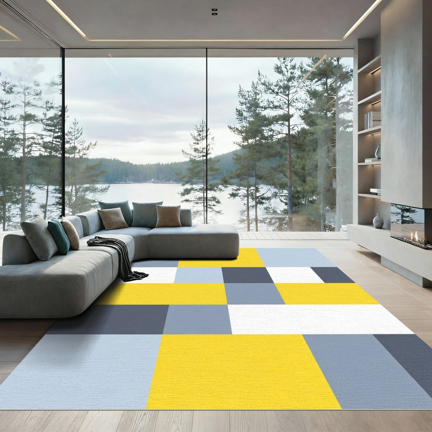 Modern Yellow Blue Gray Block Rug