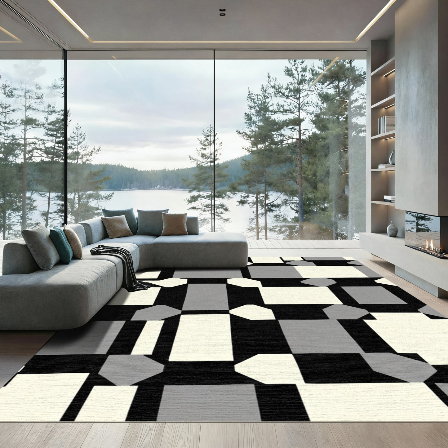 Modern Black Cream Gray Geometric Shapes Rug