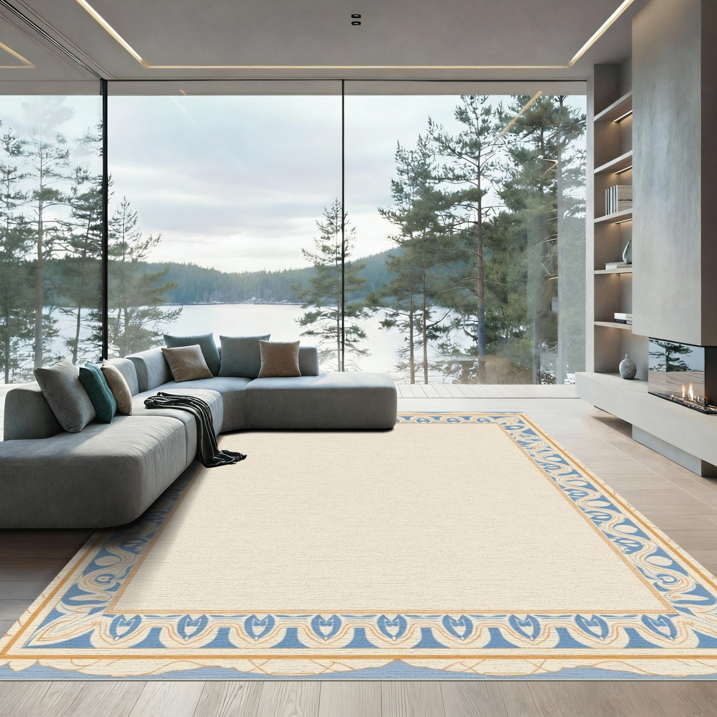 Serene Blue Cream Art Nouveau Border Rug