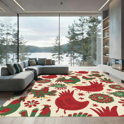 Folk Art Roosters Red Green Cream Rug