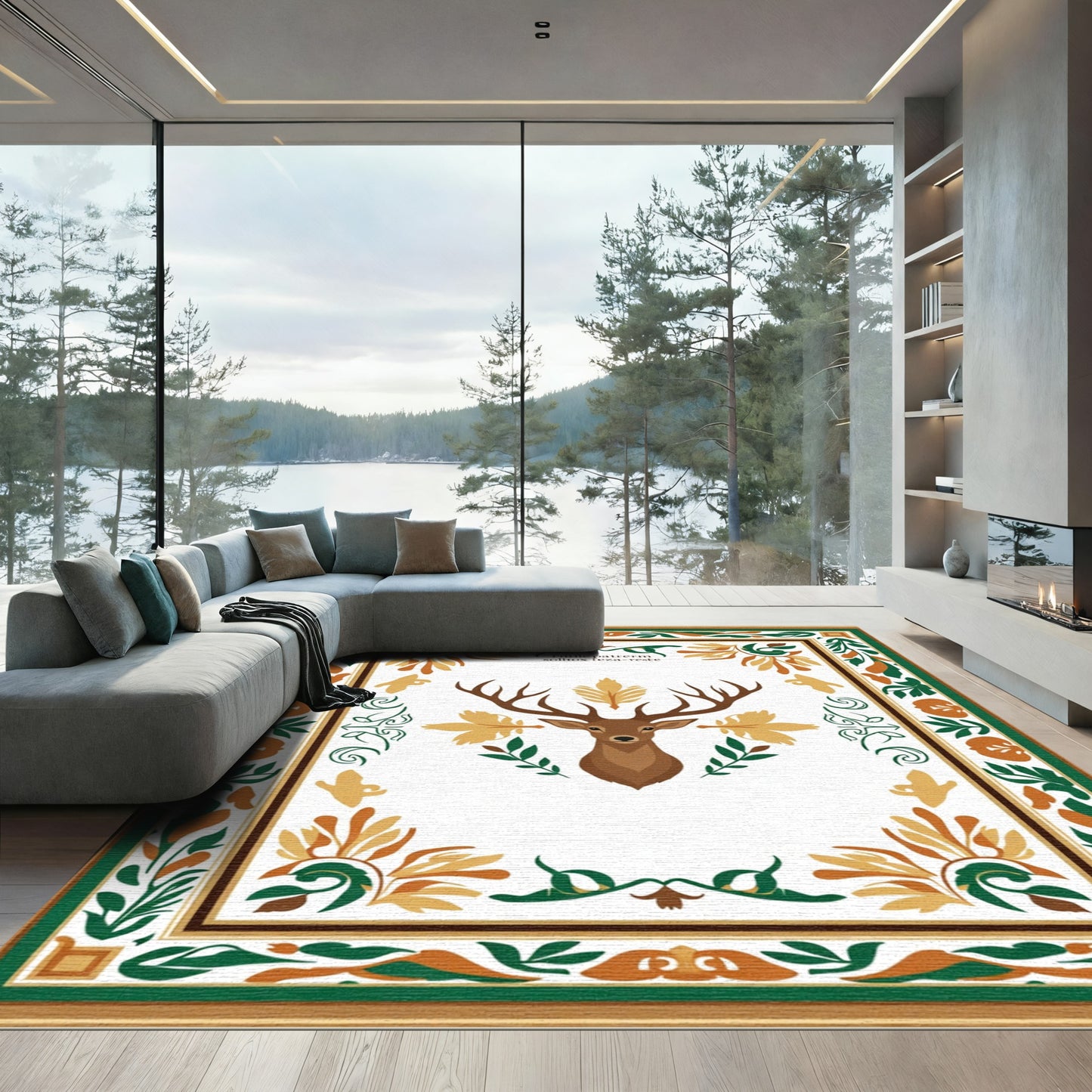 Brown Deer Floral Forest Border Rug