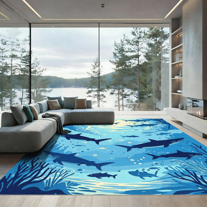 Deep Blue Shark School Ocean Scene Rug
