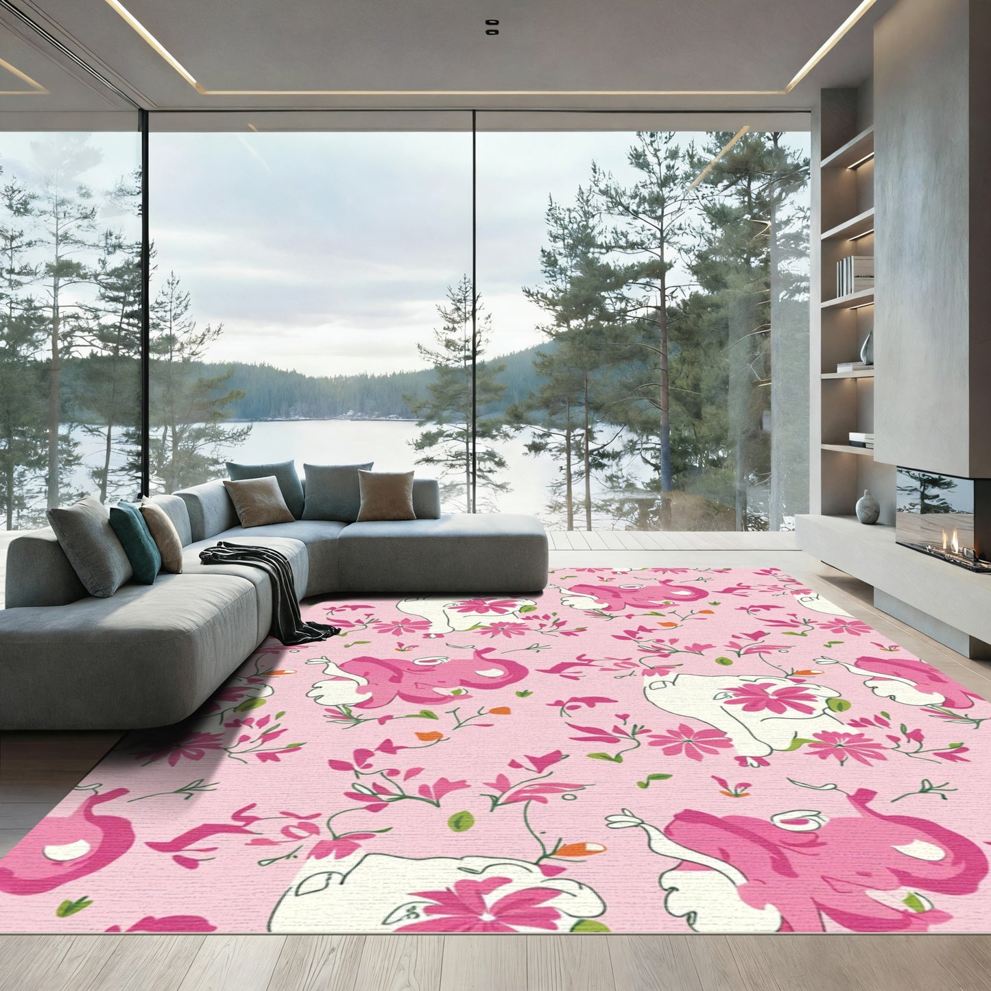 Whimsical Pink Elephant Floral Garden Rug