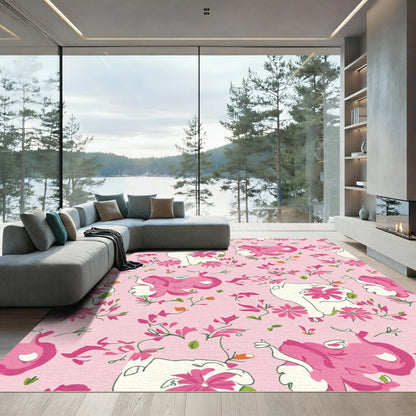 Whimsical Pink Elephant Floral Garden Rug
