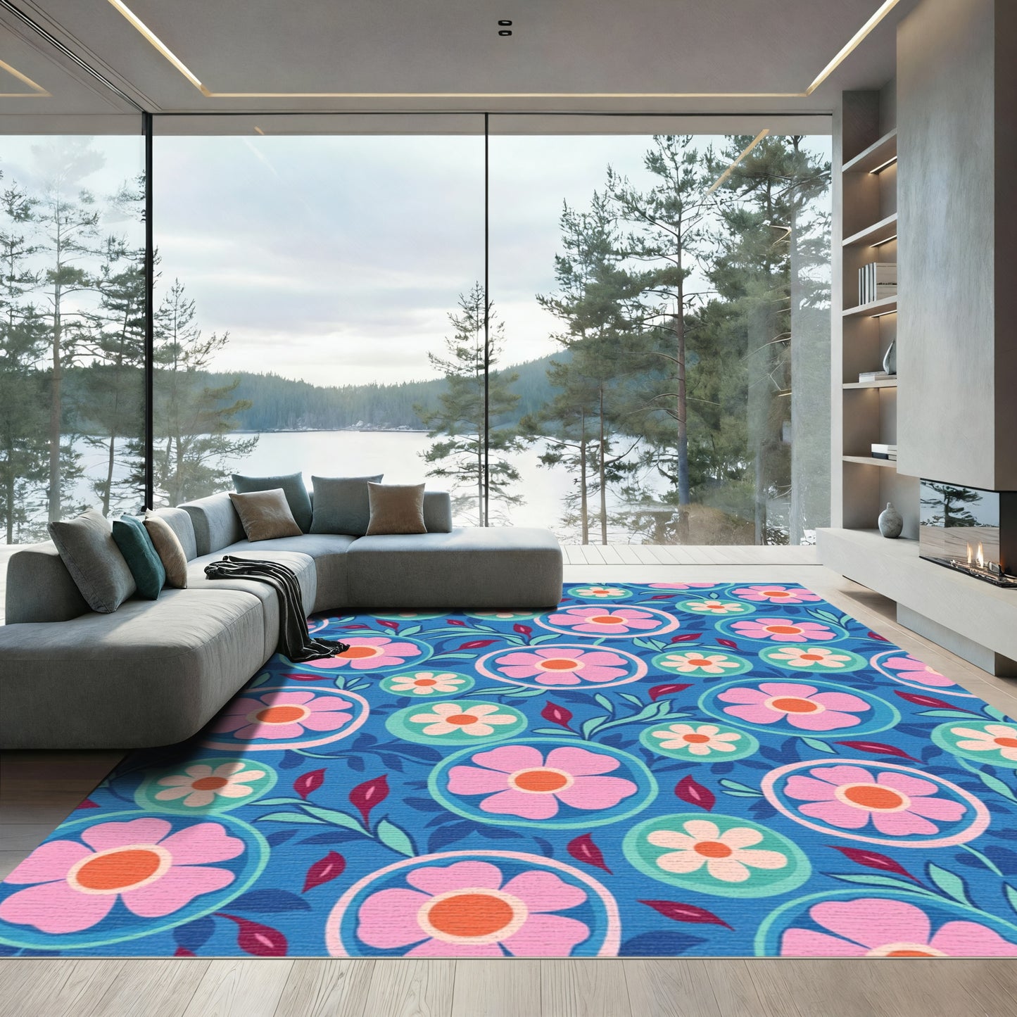 Whimsical Pink Floral Medallion Blue Rug