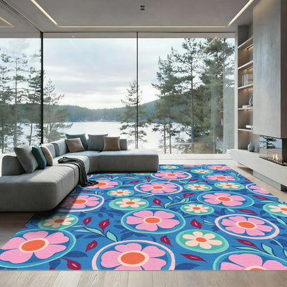 Whimsical Pink Floral Medallion Blue Rug