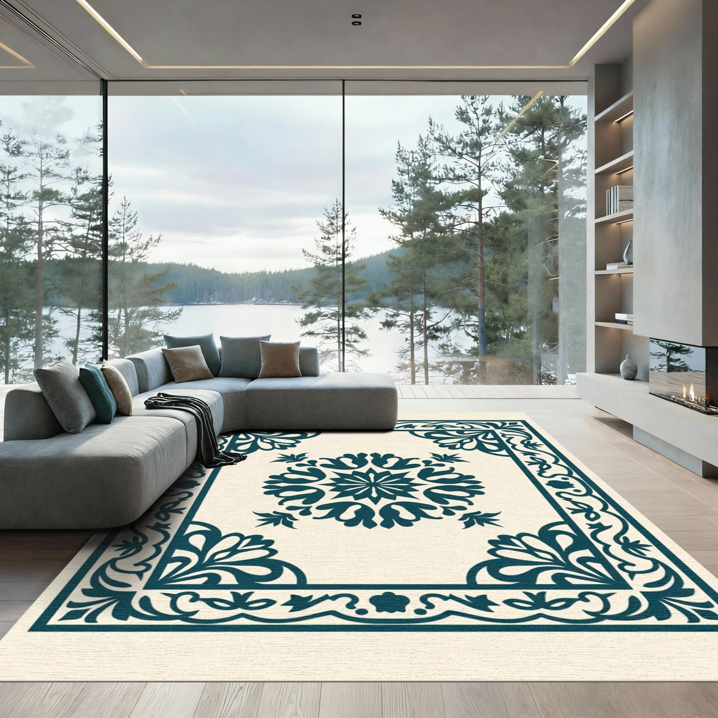 Deep Teal Floral Scroll Medallion Rug