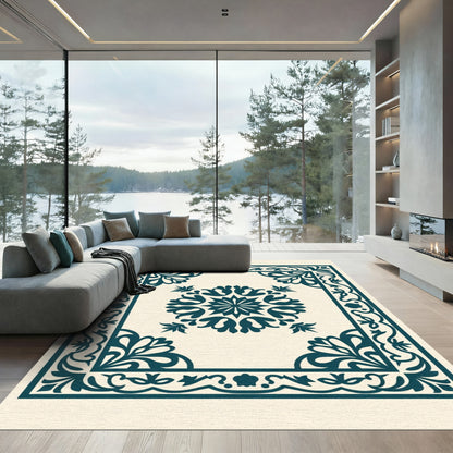 Deep Teal Floral Scroll Medallion Rug