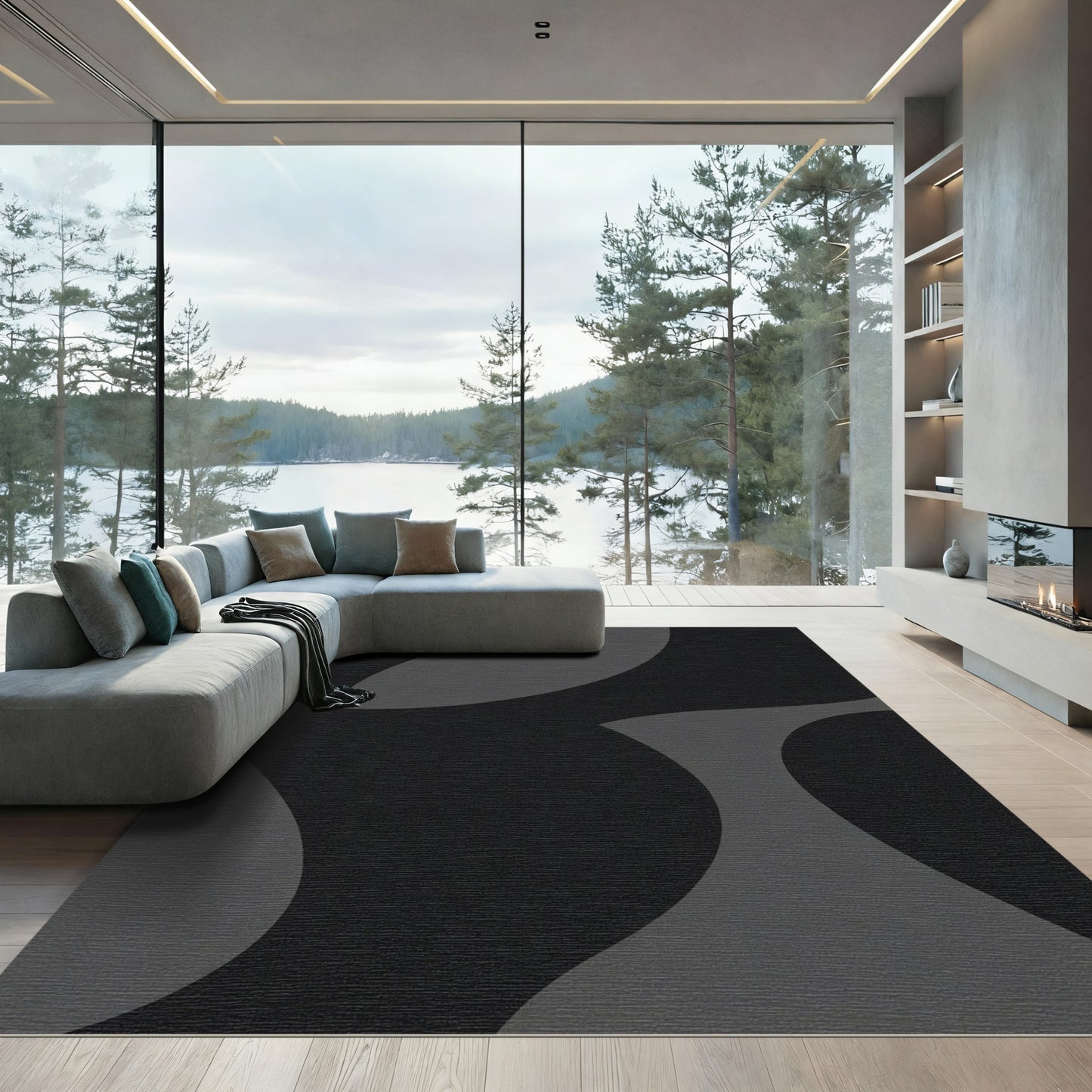 Black Gray Abstract Curve Composition Rug