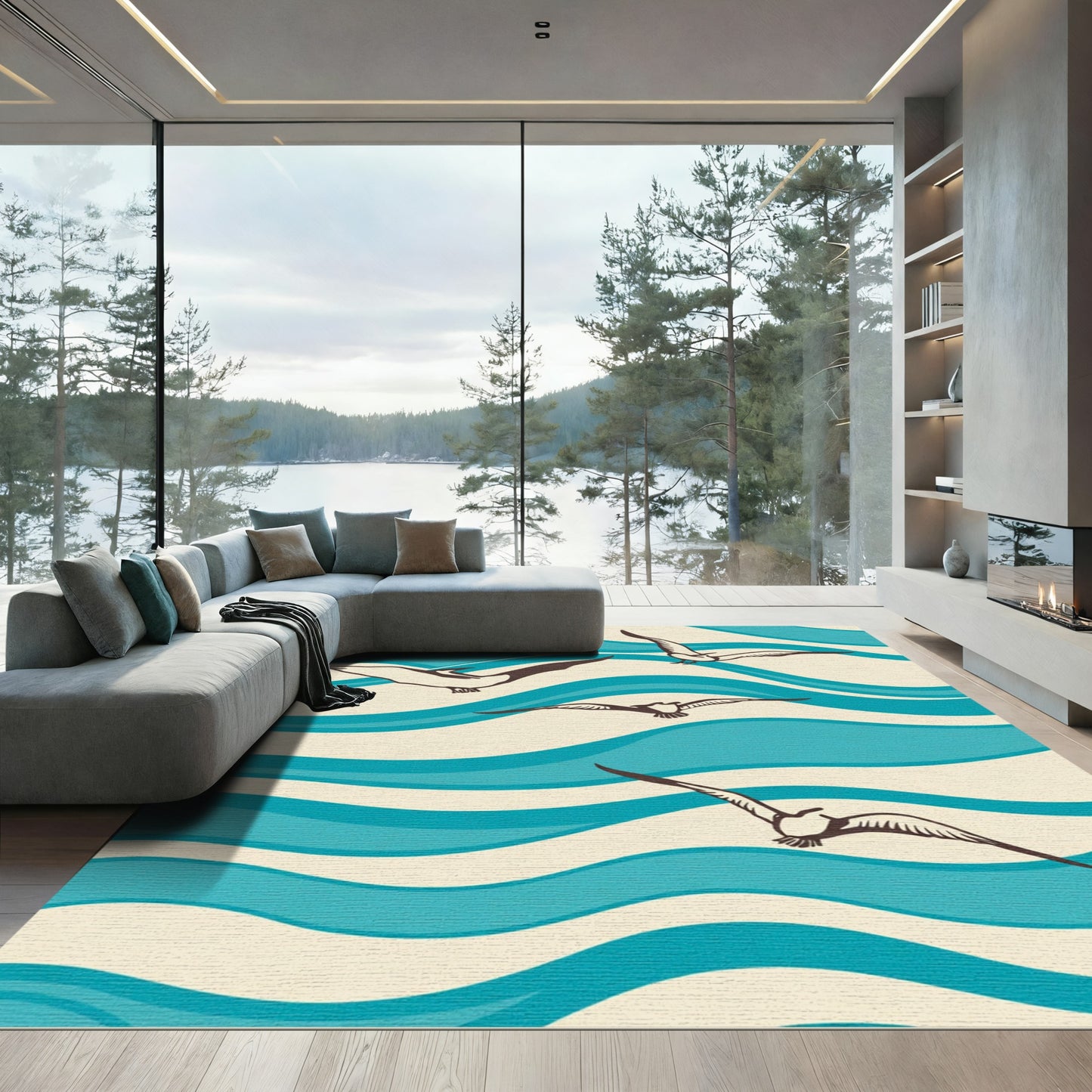 Retro Seagulls Over Blue Waves Rug