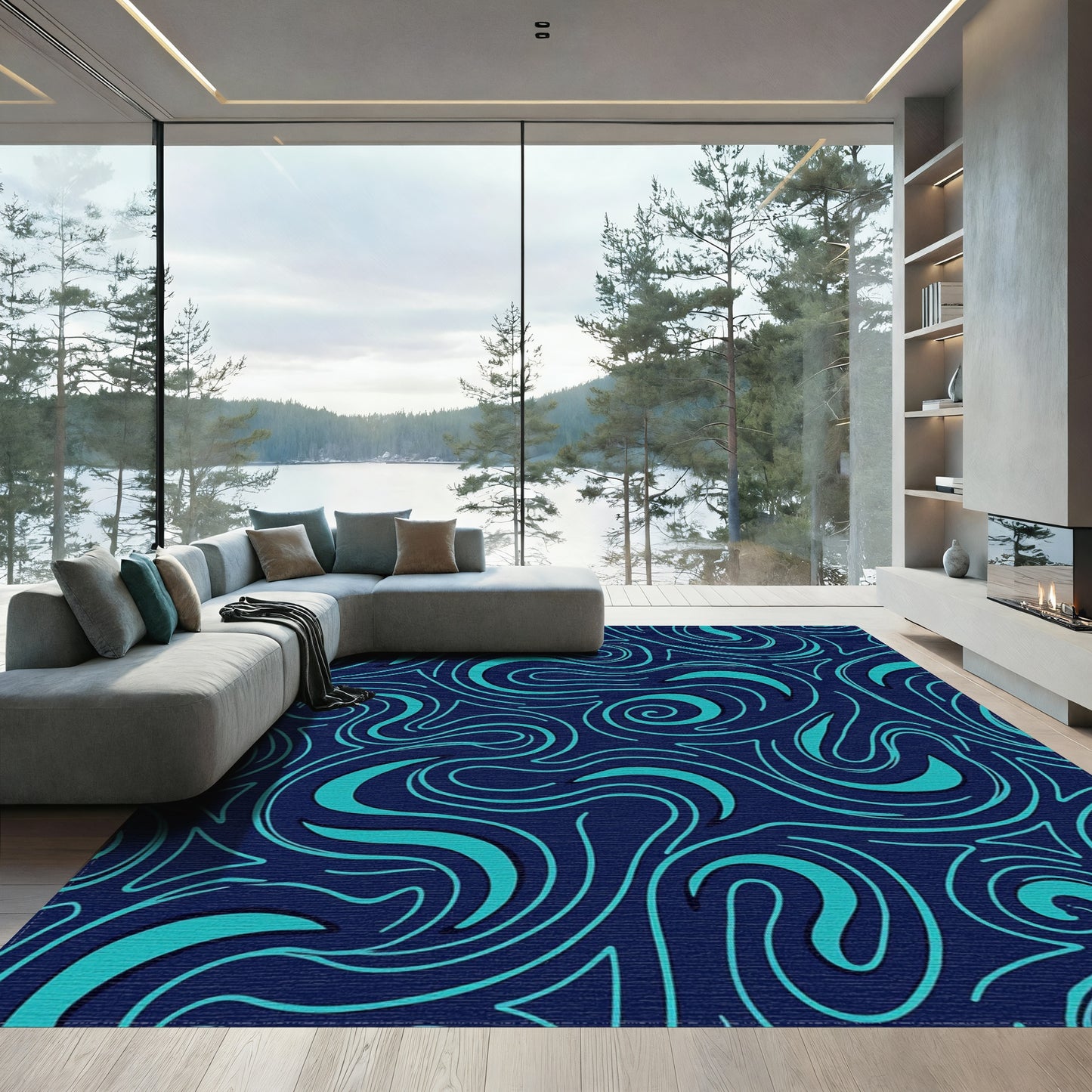 Teal Swirling Waves Navy Rug