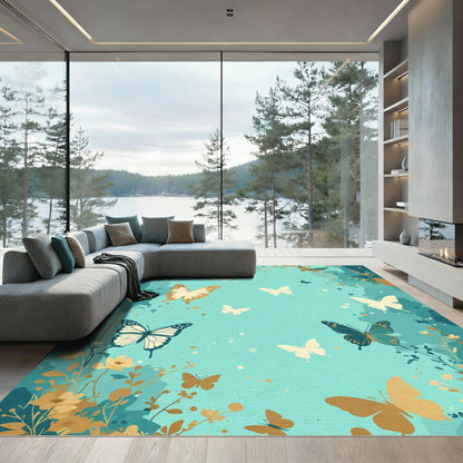 Aqua Butterflies With Gold Botanical Accents Rug