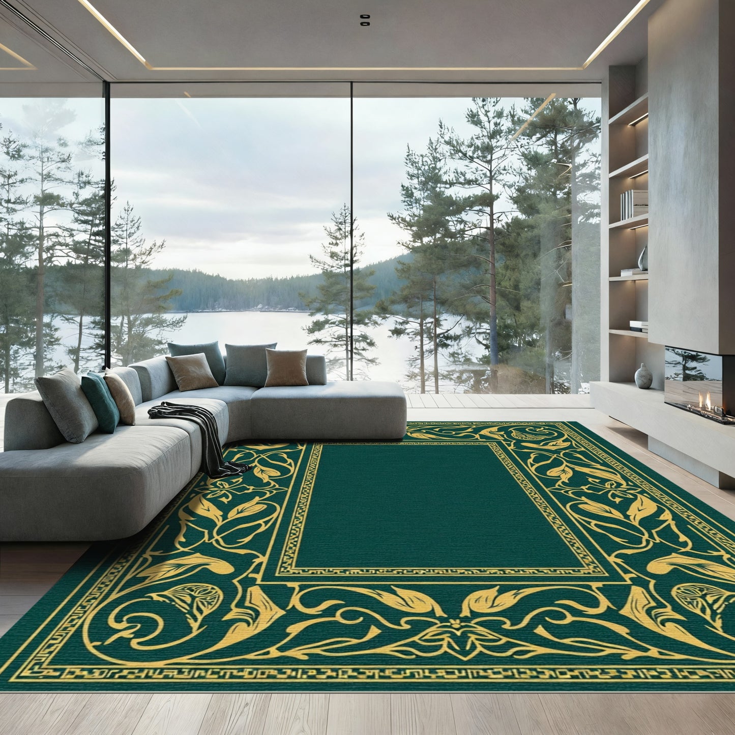 Ornate Gold Leaf Border Classic Teal Rug