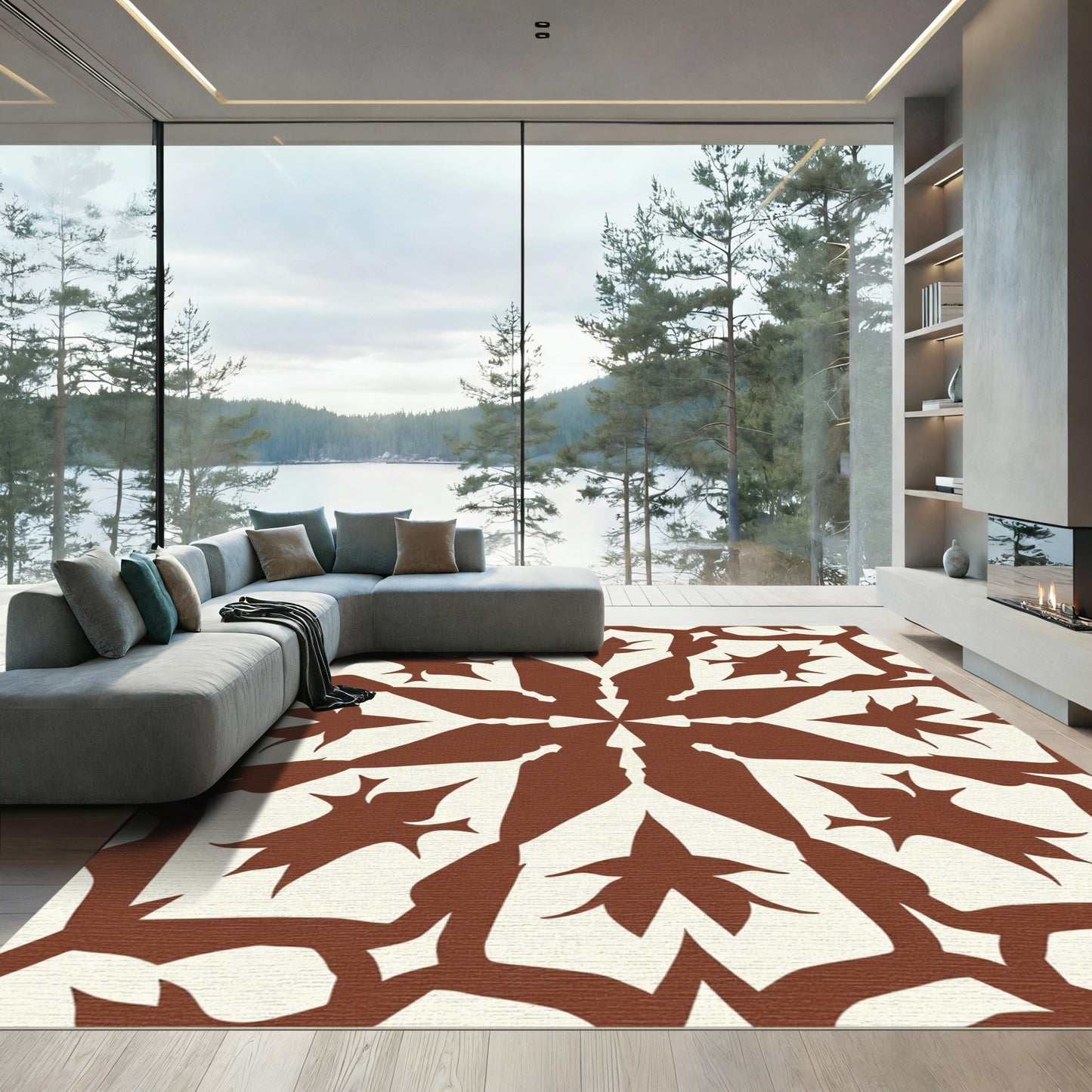 Brown Cream Symmetrical Floral Star Rug