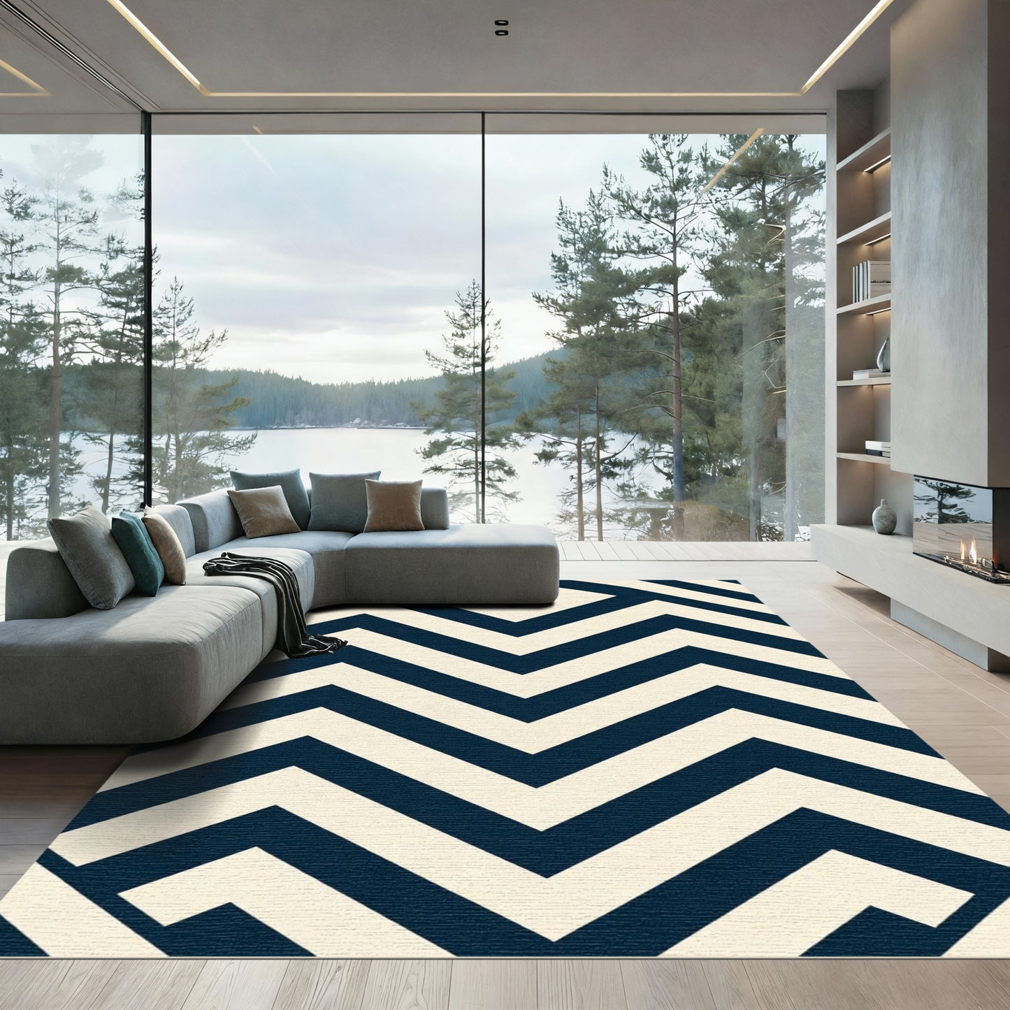 Navy Cream Bold Geometric Zigzag Rug