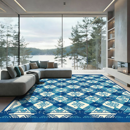Blue Cream Diamond Floral Geometric Rug