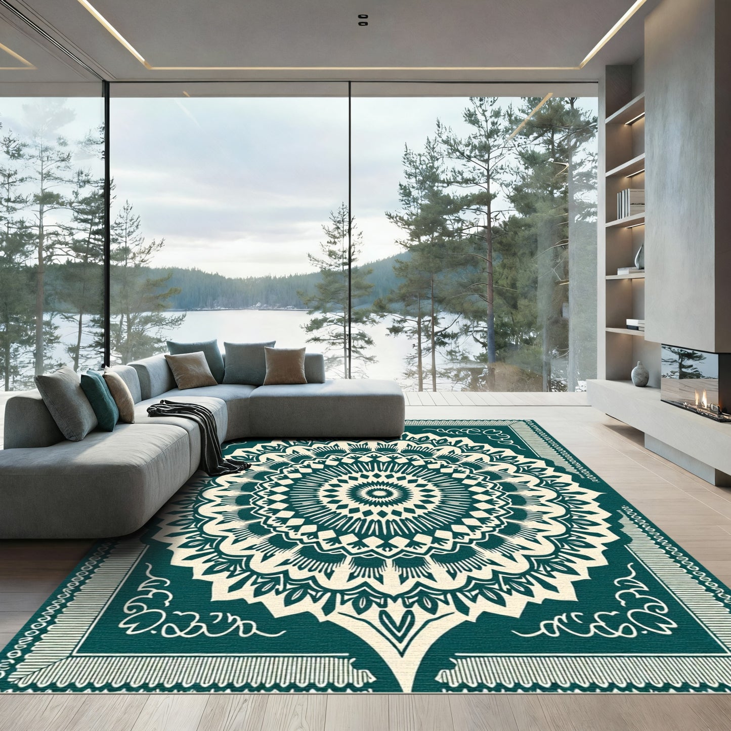 Teal Cream Intricate Mandala Rug