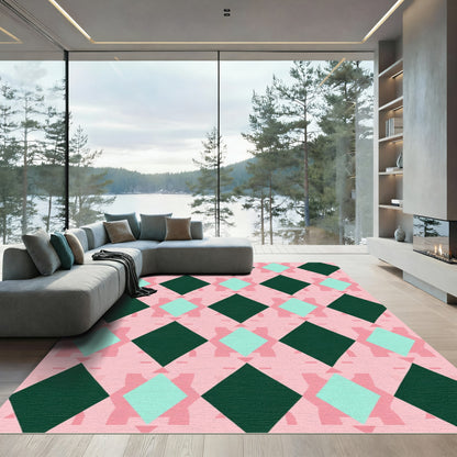 Pink Teal and Green Diamond Lattice Rug