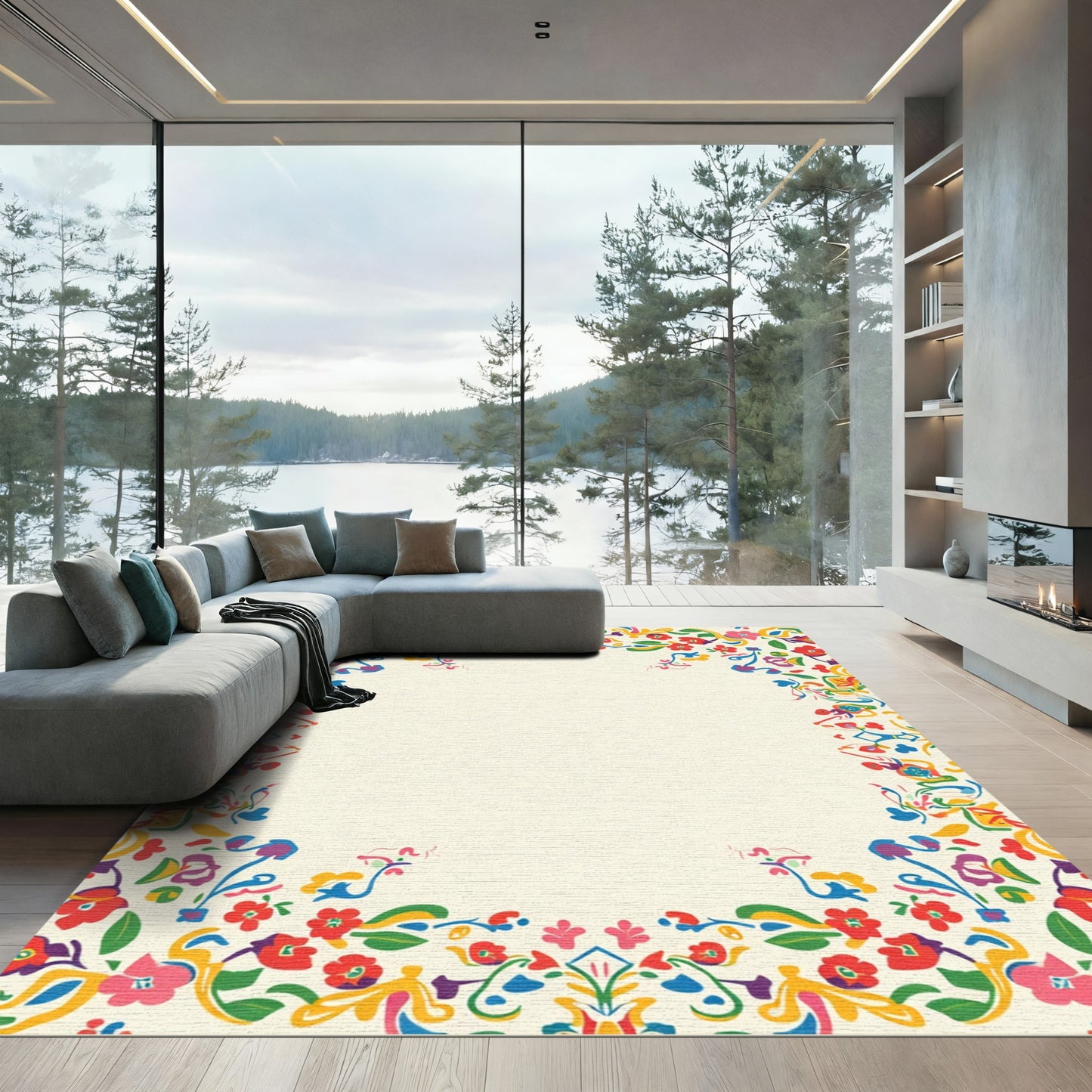 Vibrant Floral Border Delight Rug