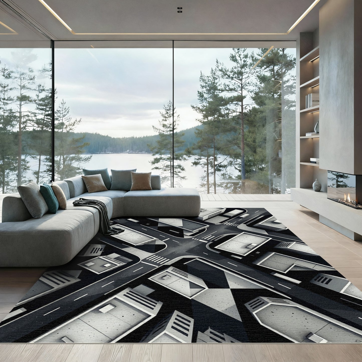 Monochromatic Geometric Cityscape Aerial View Rug