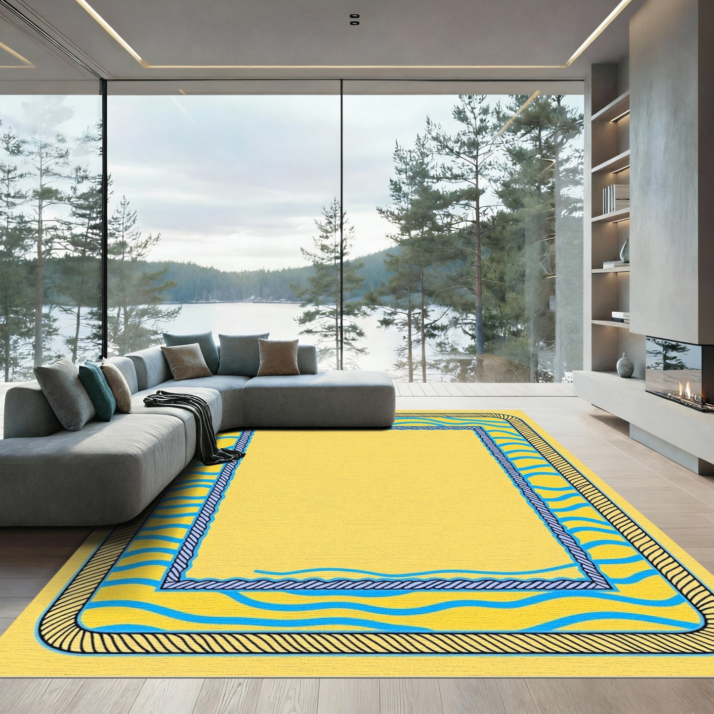 Bright Yellow Blue Wave Border Rug