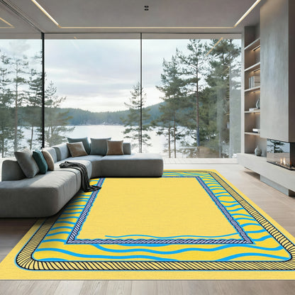 Bright Yellow Blue Wave Border Rug