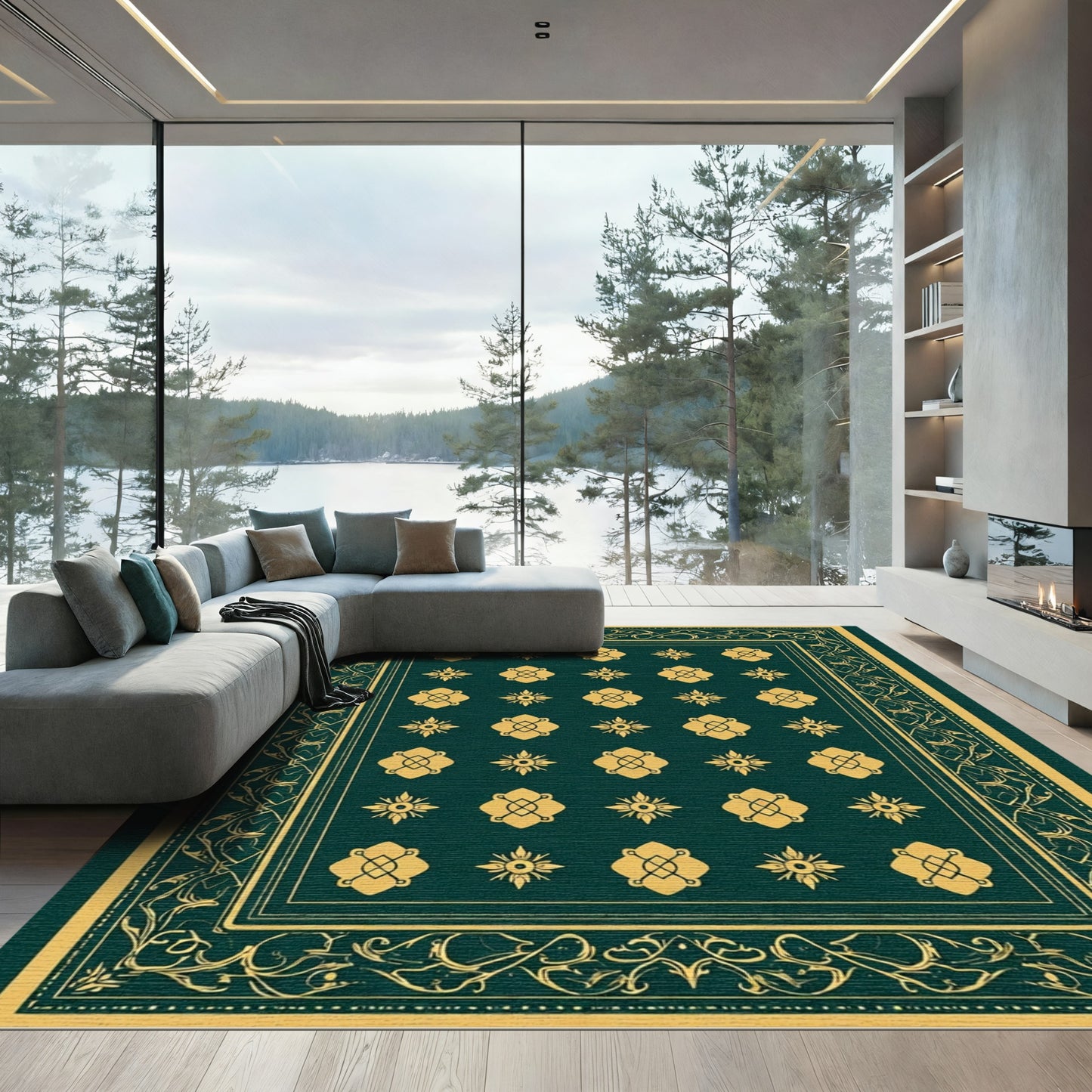 Deep Emerald Gold Floral Symmetry Rug