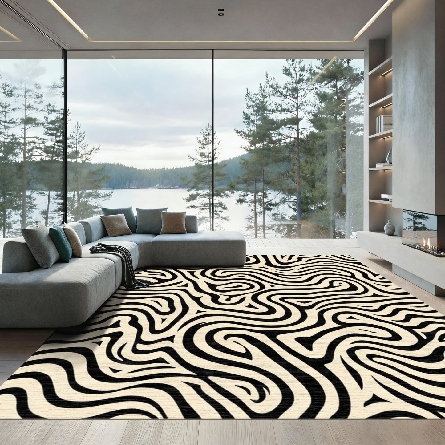 Cream And Black Abstract Swirl Rug