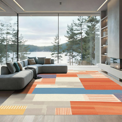 Geometric Terracotta Blue Stripe Block Rug