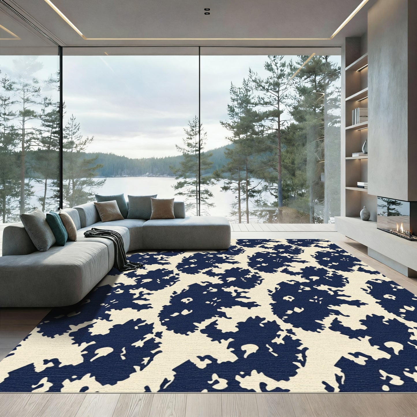 Navy Cream Abstract Organic Shapes Rug