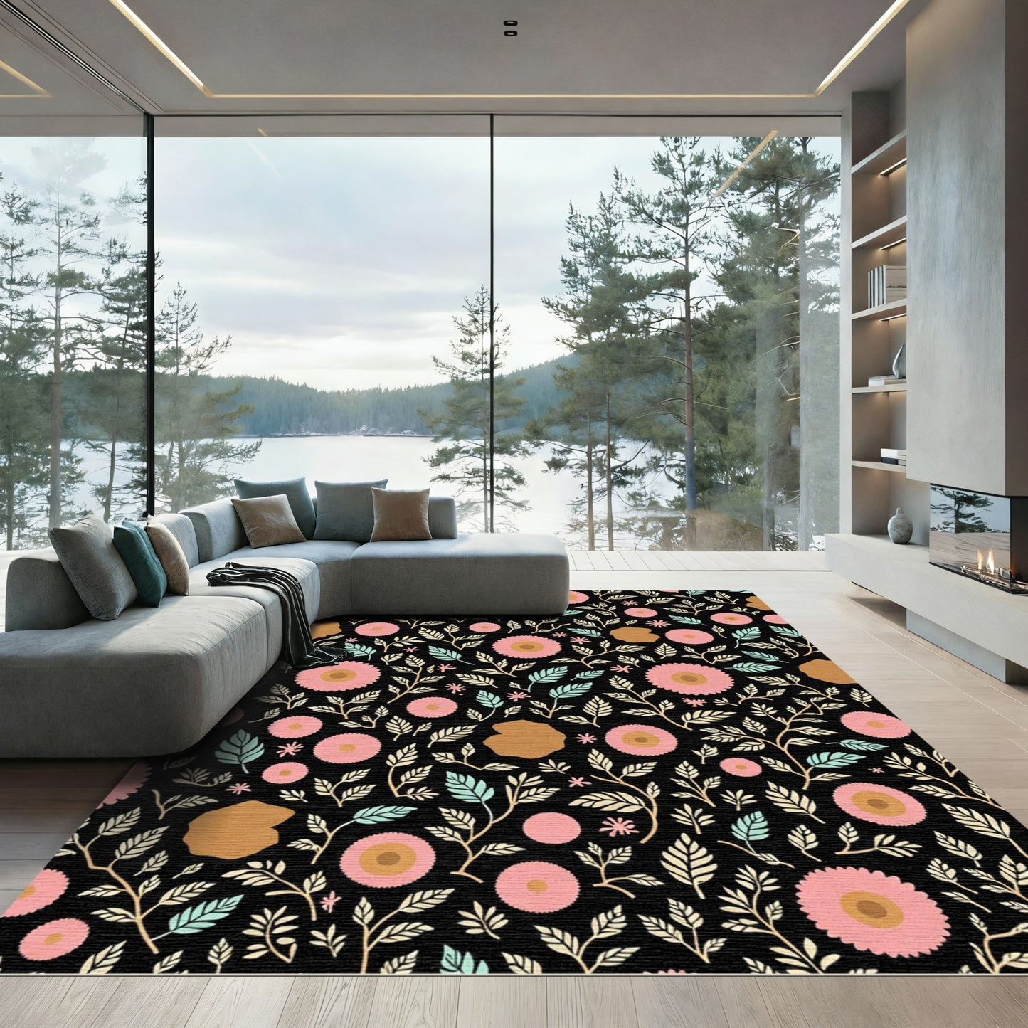 Pink Floral Black Garden Vine Rug