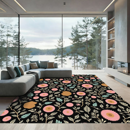 Pink Floral Black Garden Vine Rug