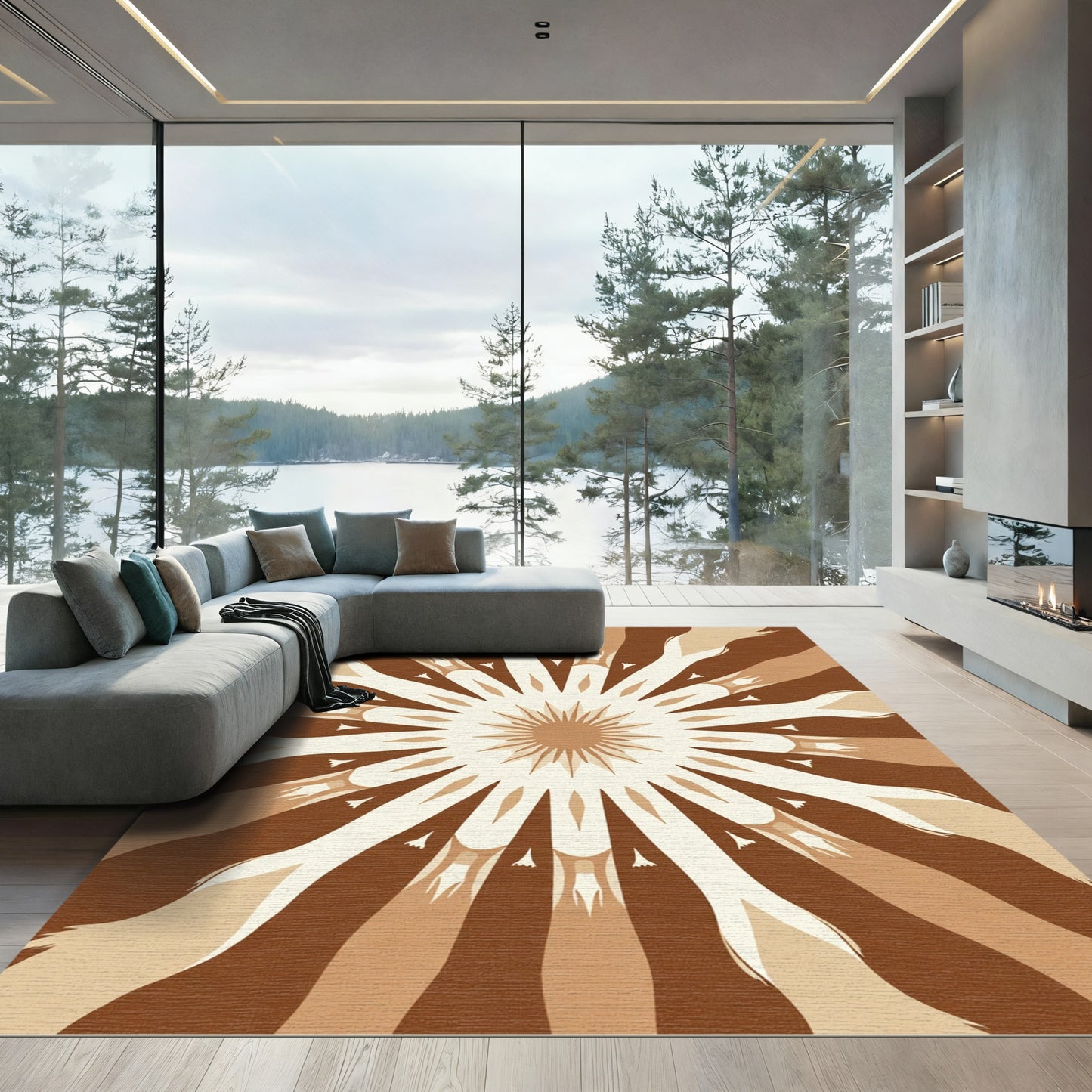 Earthy Brown Radial Sunburst Rug
