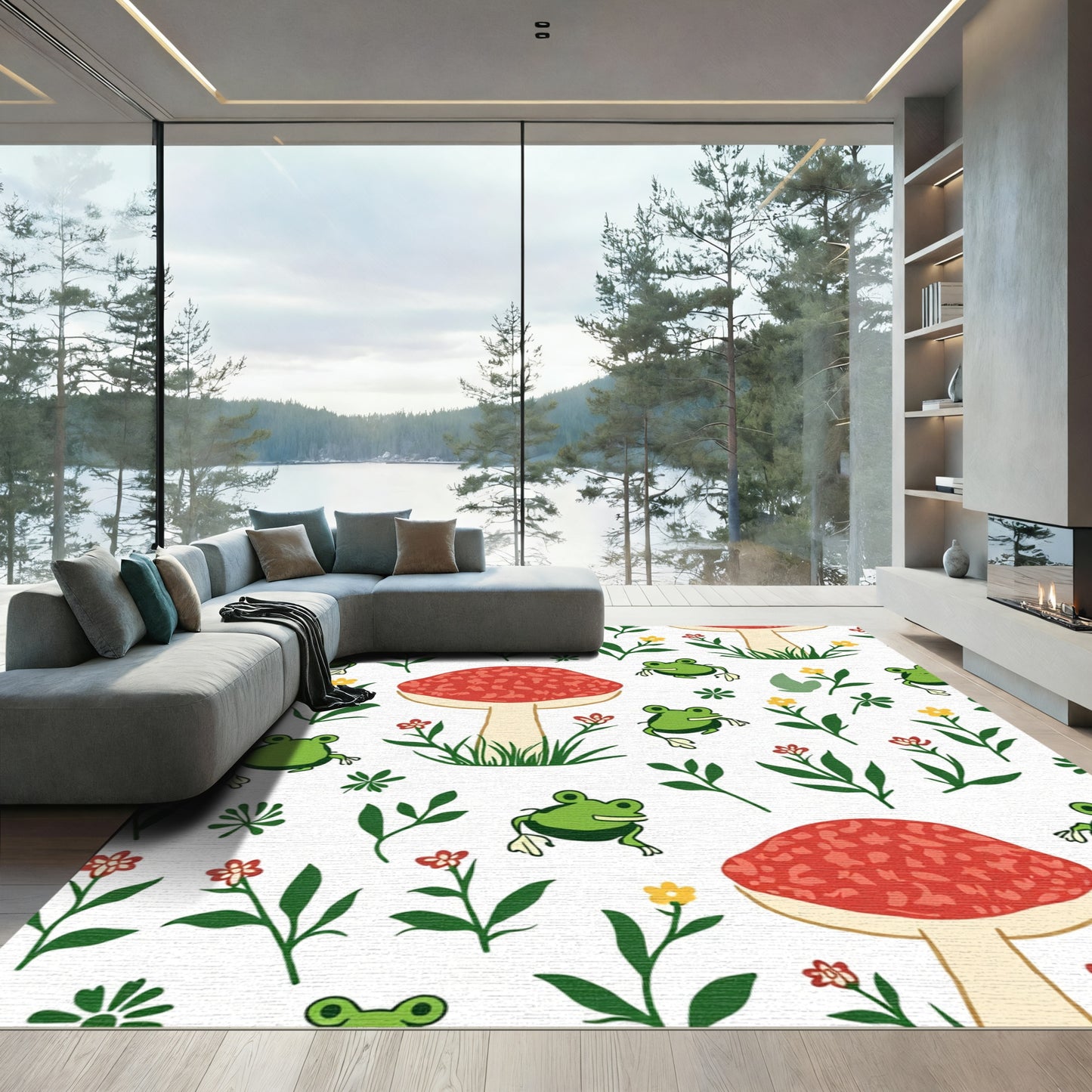 Whimsical Green Frogs Red Mushrooms Garden Rug