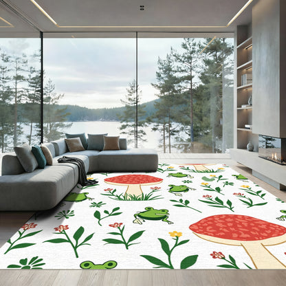 Whimsical Green Frogs Red Mushrooms Garden Rug